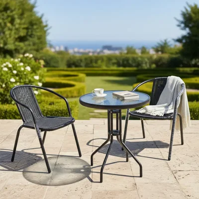 Juego Jardin Balcon Mesa 60c Hierro Vidrio 2 Sillones Rattan