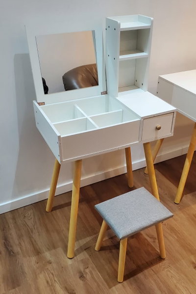 Tocador de Maquillaje 60x40x110cm Con Espejo 1 Cajon, Tapa Abatible Y Banco