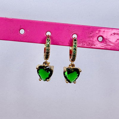 Aros argollas Corazon Piedritas Verde Dorado
