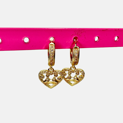 Aros argollas Corazón y Pajaritos piedritas Dorado