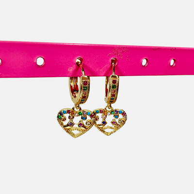 Aros argollas Corazón y Pajaritos piedritas colores Dorado