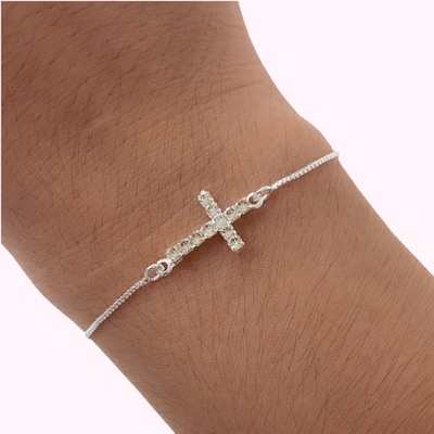 Pulsera Cruz con strass laminada en plata 1000