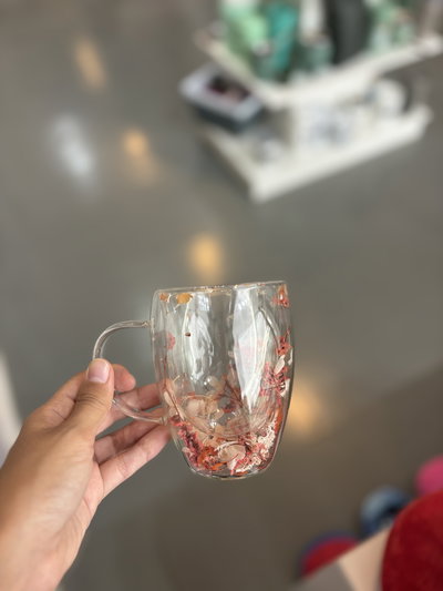 Taza doble vidrio flores 