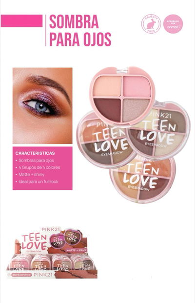 Paleta x4 sombras Teen Love - Pink 21 MEDIA CAJA/CAJA ENTERA