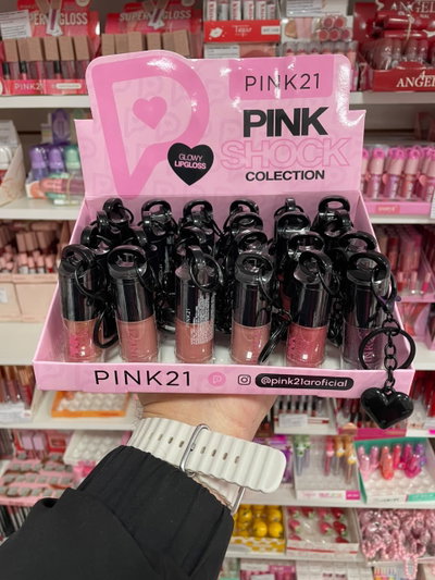 Brillo labial con glitter + llavero Pink Shock - Pink 21 (MEDIA CAJA/CAJA ENTERA)