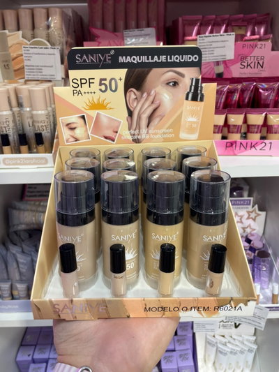 Base liquida con protector solar SPF 50 - Saniye (CAJA ENTERA 12 UNIDADES)
