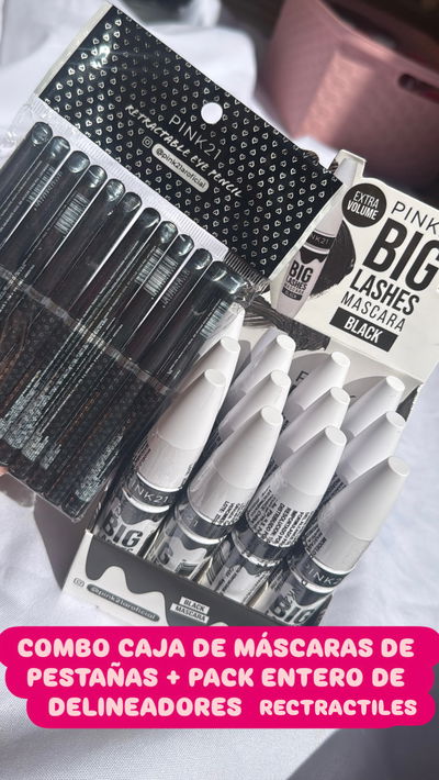 Combo - CAJA ENTERA de máscaras Big Lashes + Pack ENTERO delineadores retráctiles para 
