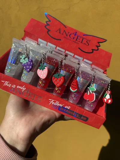 🍓 Brillo Labial 4Angels con Colgante Frutal🍓 (MEDIA CAJA/CAJA ENTERA)