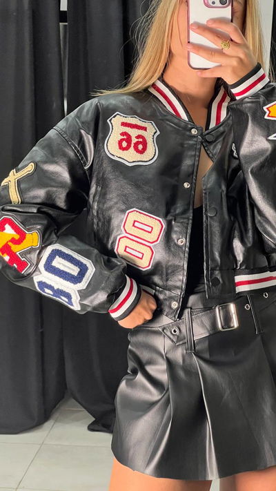 BOMBER ECO CUERO APLIQUE