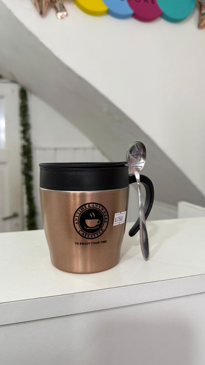 TAZA ACERO INOX HERMETICA CON CUCHARA 400 ML 