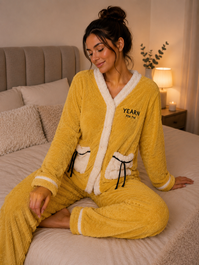 Pijama camisero importado polar soft amarillo moños