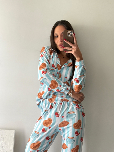 Pijama camisero rayado celeste Sweet breakfast