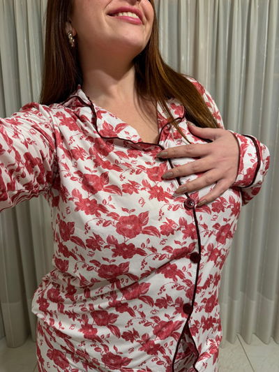 Pijama camisero flores color cereza