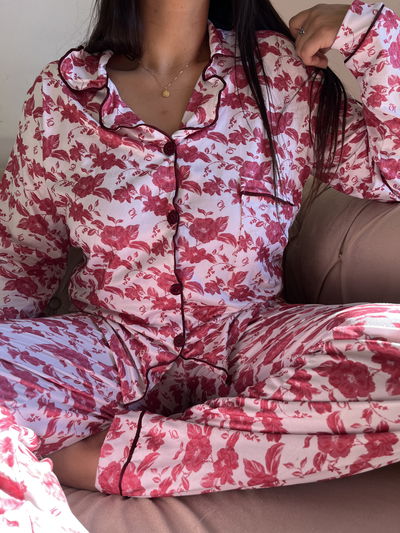 Pijama camisero flores color cereza