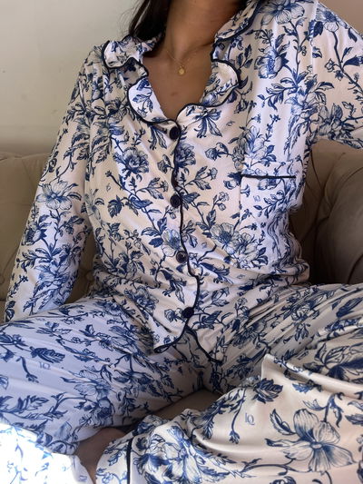 Pijama camisero flores azul