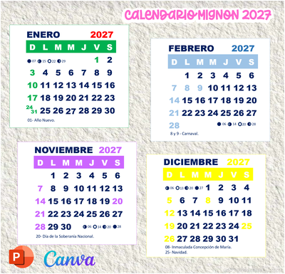 Calendario mignon 2027 con Feriados  288