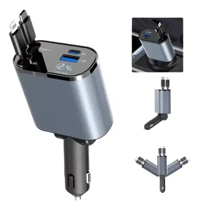 Cargador Para Auto. Carga Rápida. 4 En 1 Con Cable Retráctil 