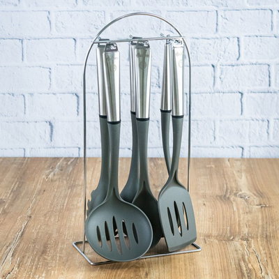 Set x6 Utensilios Acero Inox Nylon Con Soporte