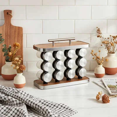 Set x12 Especieros Frascos Organizador Rack Rectag Acero Madera