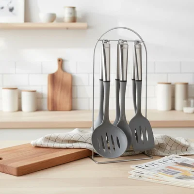 Set x6 Utensilios Acero Inox Nylon Con Soporte