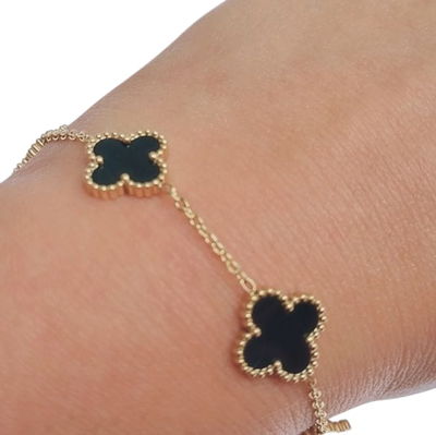 Pulsera Treboles Negros De Acero Enchapada En Oro 18k