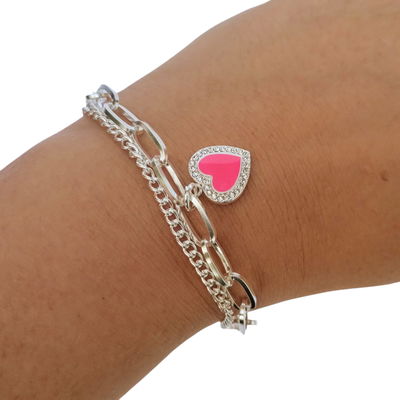 PULSERA DE ACERO BLANCO DOBLE CADENA CON DIJE CORAZON