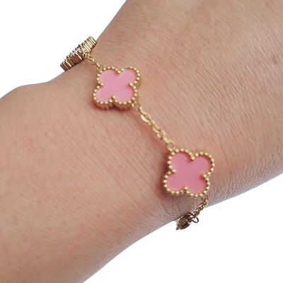 Pulsera Acero Quirúrgico 316l Ench Oro 18 Kt C/trébol Rosa