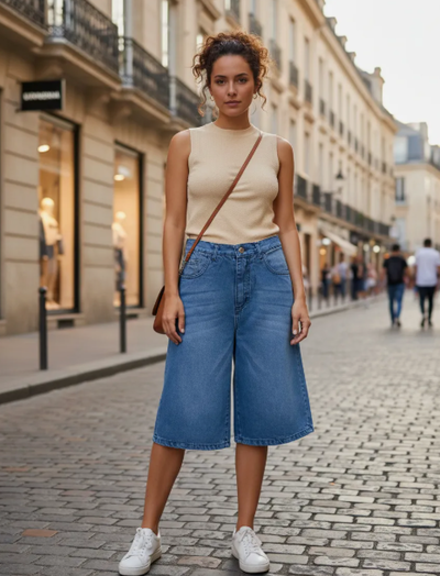 Bermuda de jean larga ancha rígida