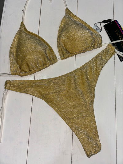 Bikini triangulito con tazas removibles - Lurex dorado talle M