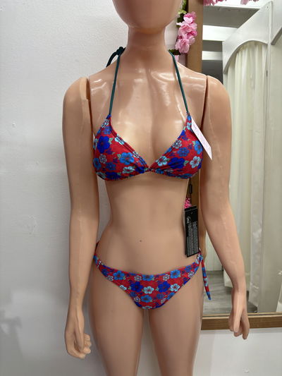 Bikini triangulito con tazas removibles + colaless - floreado | rojo y azul
