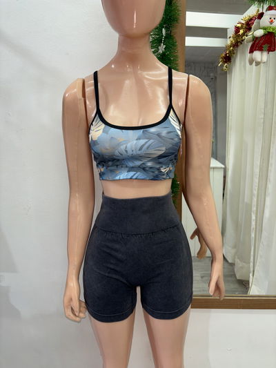 🌈 Top Breteles Finos – Estampado | azul con hojas 