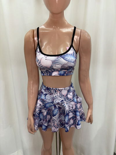 Short pollera con volados | estampado violeta floreado 