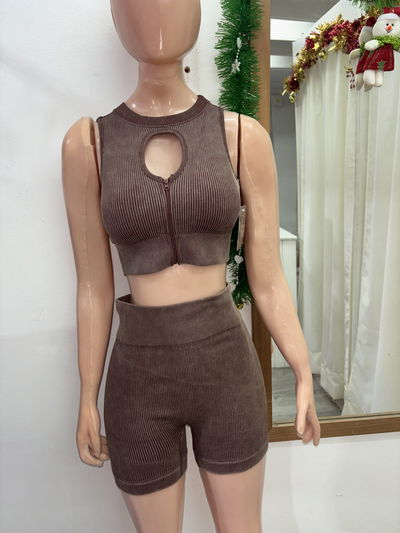 Conjunto crop top gotita con cierre + short con frunce | negro 