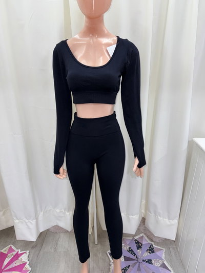 Conjunto crop manga larga + calza con frunce | negro