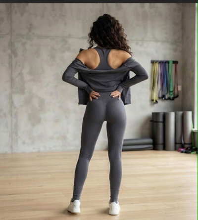 Conjunto 3 piezas: calza sin frunce + top con tazas + campera crop | gris topo