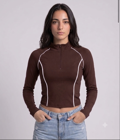 Camiseta manga larga | chocolate con vivos blancos 