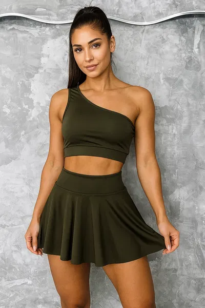 ✨ Conjunto Short Pollera + Top Hombro Cruzado - verde militar✨