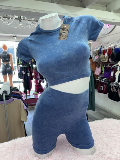 ✨ Conjunto Remera Crop + Short Frunce | azul✨