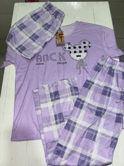 Pijama 3 Piezas: Remera, Short y Pantalón Largo: "Violeta"
