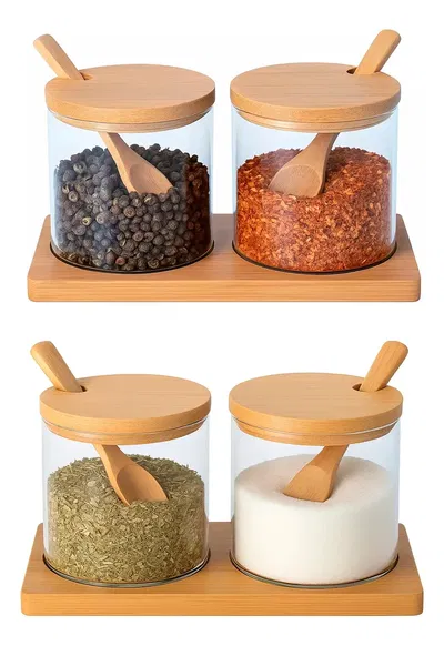 Pote multiuso vidrio c/ tapa bambú set x2