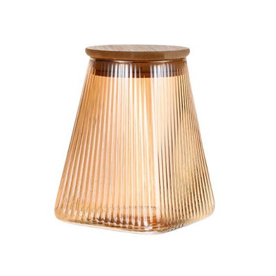 Frasco hermético de vidrio con textura rayada y tapa de bambú