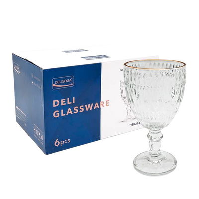 Pack x 6 copas de agua/vino labrada de vidrio con detalle en dorado