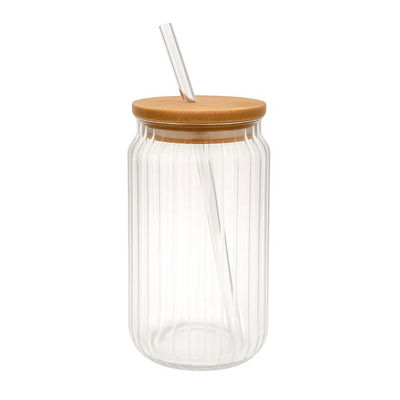 Vaso vidrio tapa bambú y sorbete