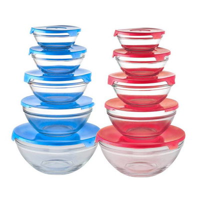 Set x5 bowls de vidrio con tapa de plástico
