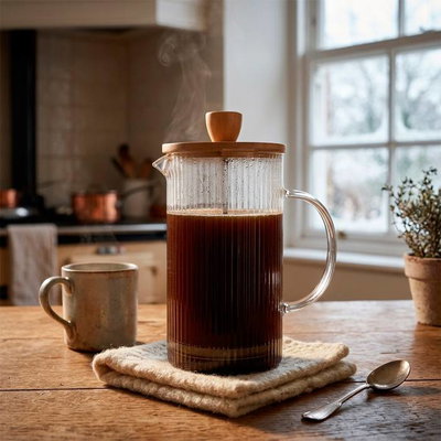 Cafetera francesa de vidrio rayado con tapa bambu