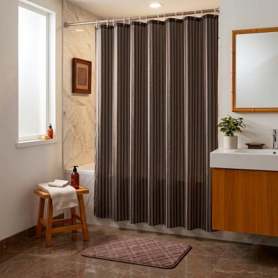 Cortina de baño de tela poliéster con rayas blanca