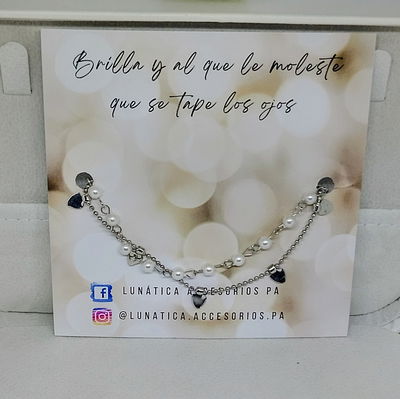 Pulsera Doble cadena, perlas y corazones