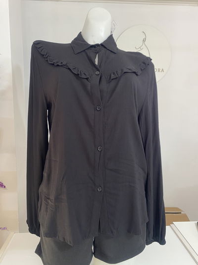 Camisa larga lino volado negra talle 2/3/6
