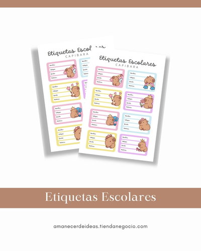 Etiquetas Escolares de Capibaras - Diseño Colorido (A4)