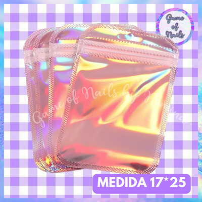 Bolsas holográficas rosa medida 17*25 PACK X 50